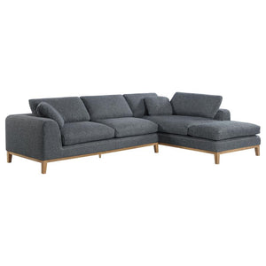 Add style to your space with this magnificent Mid-Century Modern sectional sofa. This low profile 2-piece sectional is exceptionally upholstered in a textured cool grey woven fabric accented with contrast blanket stitching in beige. Equally appealing is t