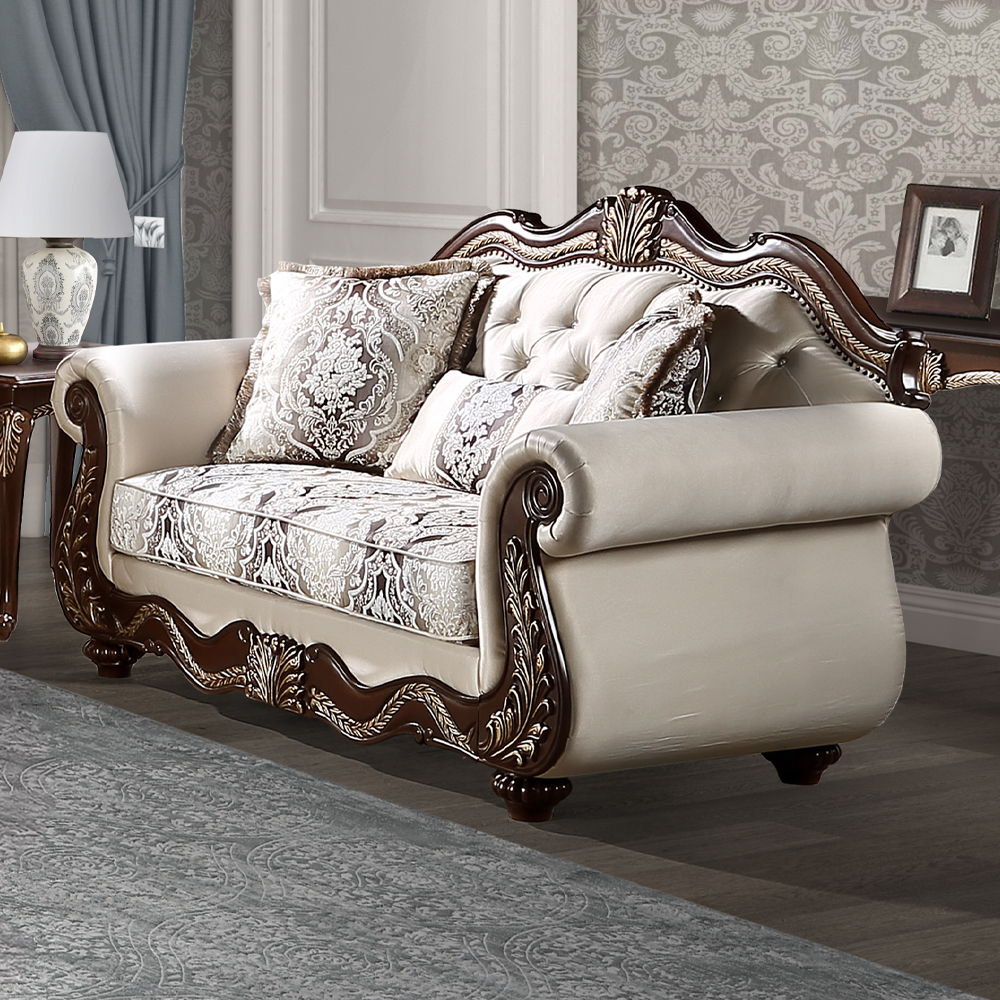 Pierce collection sofa set brings timeless elegance to your living space with its beige fabric and cherry finish. The set includes tight back and loose seat cushions with pocket coil construction for ultimate comfort. A wooden inner frame ensures durabili