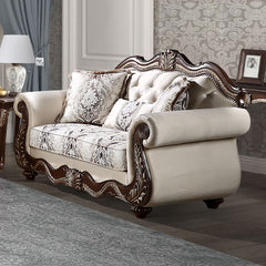 Pierce collection sofa set brings timeless elegance to your living space with its beige fabric and cherry finish. The set includes tight back and loose seat cushions with pocket coil construction for ultimate comfort. A wooden inner frame ensures durabili