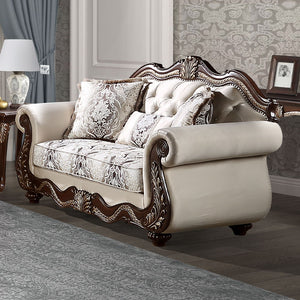 Pierce collection sofa set brings timeless elegance to your living space with its beige fabric and cherry finish. The set includes tight back and loose seat cushions with pocket coil construction for ultimate comfort. A wooden inner frame ensures durabili
