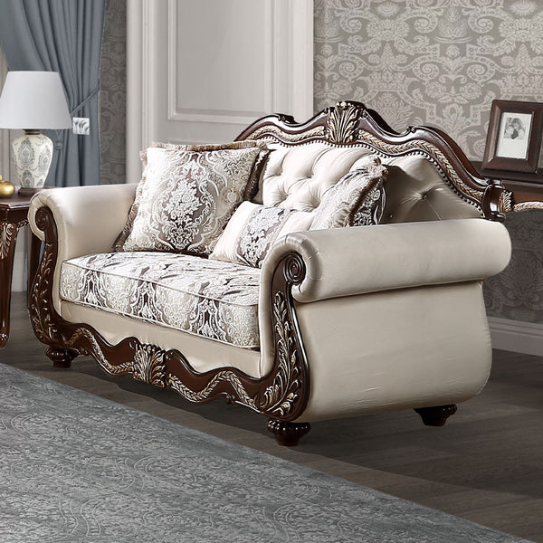 Pierce collection sofa set brings timeless elegance to your living space with its beige fabric and cherry finish. The set includes tight back and loose seat cushions with pocket coil construction for ultimate comfort. A wooden inner frame ensures durabili