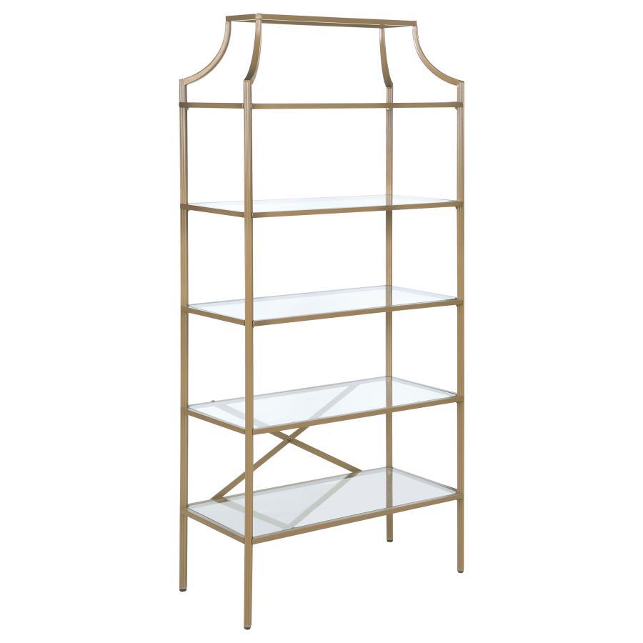 A call for strength and style gets answered by this bookcase. Contemporary style allows for easy placement within your space. The stylish metal frame in gold creates conversation. Enjoy durability as all glass elements are tempered. Updated unit boasts fi