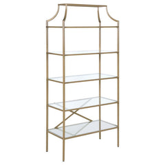 A call for strength and style gets answered by this bookcase. Contemporary style allows for easy placement within your space. The stylish metal frame in gold creates conversation. Enjoy durability as all glass elements are tempered. Updated unit boasts fi