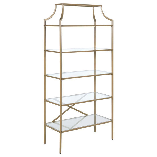 A call for strength and style gets answered by this bookcase. Contemporary style allows for easy placement within your space. The stylish metal frame in gold creates conversation. Enjoy durability as all glass elements are tempered. Updated unit boasts fi