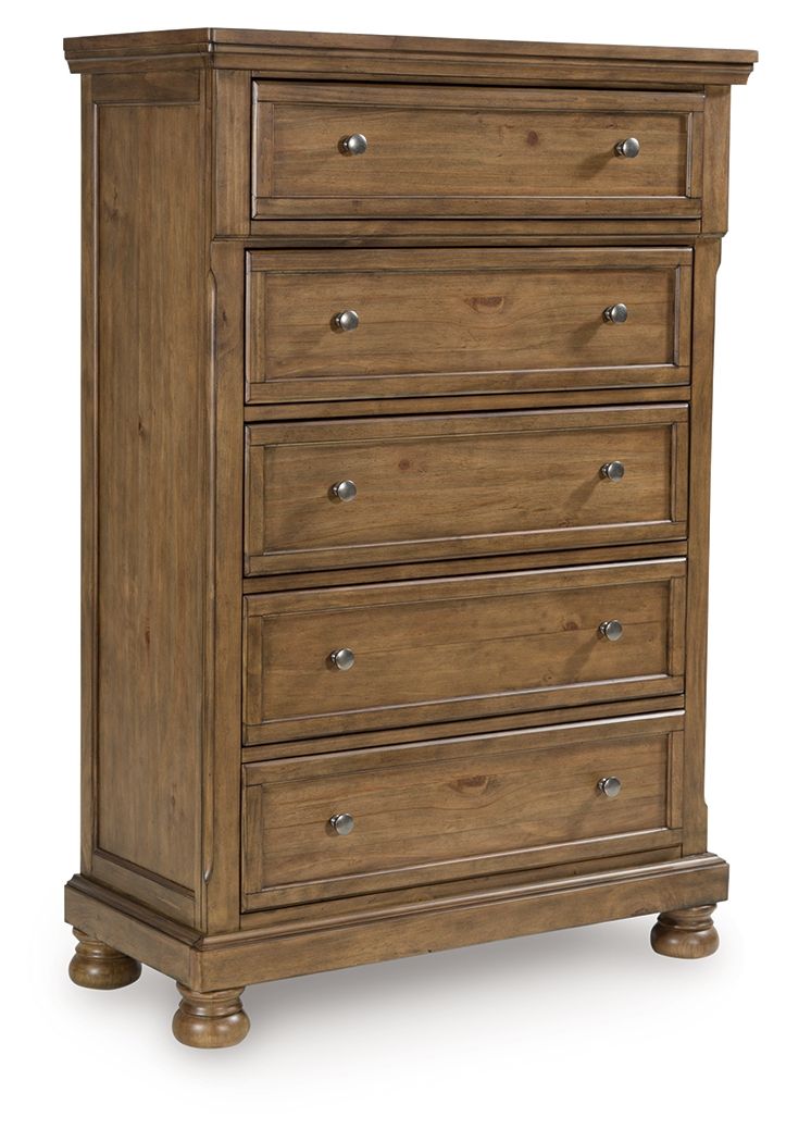 A relaxed take on casual traditional design, this chest of drawers strikes a comfy pose with a classic sensibility. Its timeless design and chestnut brown wood-tone create a welcoming retreat tailored to your laid-back lifestyle. Metal knobs in an aged pe