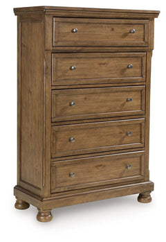 A relaxed take on casual traditional design, this chest of drawers strikes a comfy pose with a classic sensibility. Its timeless design and chestnut brown wood-tone create a welcoming retreat tailored to your laid-back lifestyle. Metal knobs in an aged pe