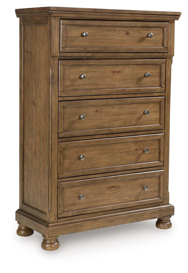 A relaxed take on casual traditional design, this chest of drawers strikes a comfy pose with a classic sensibility. Its timeless design and chestnut brown wood-tone create a welcoming retreat tailored to your laid-back lifestyle. Metal knobs in an aged pe