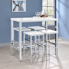 Ultra-modern with a clean lined silhouette, this five-piece bar set comes complete with a rectangular shaped bar table and four bar stools. Perfect for more contemporary home, the table comes with sleek and square legs made and a steel frame in an electro
