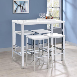 Ultra-modern with a clean lined silhouette, this five-piece bar set comes complete with a rectangular shaped bar table and four bar stools. Perfect for more contemporary home, the table comes with sleek and square legs made and a steel frame in an electro