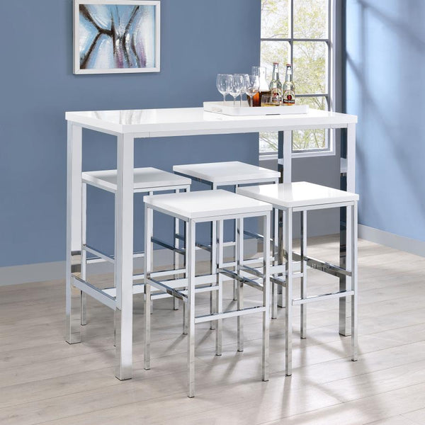 Ultra-modern with a clean lined silhouette, this five-piece bar set comes complete with a rectangular shaped bar table and four bar stools. Perfect for more contemporary home, the table comes with sleek and square legs made and a steel frame in an electro