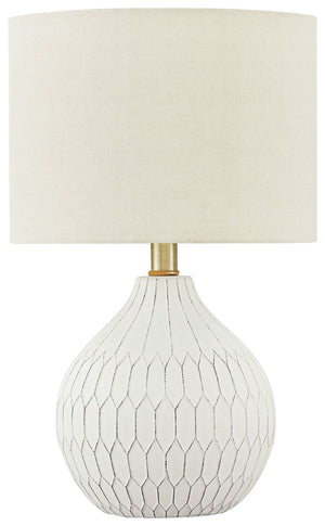 Fresh and light, the dimensional design of this delightful ceramic table lamp borrows from a retro theme to update a transitional space. Made of ceramic with an antiqued white finish, this accent lamp infuses personality into any setting. Add it to a cons