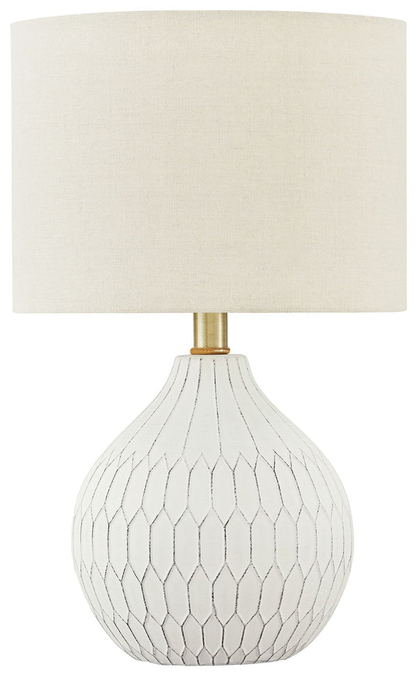 Fresh and light, the dimensional design of this delightful ceramic table lamp borrows from a retro theme to update a transitional space. Made of ceramic with an antiqued white finish, this accent lamp infuses personality into any setting. Add it to a cons