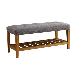 Simplistic lines pulling from the craftsman era and tapered legs to add some style, the Charla bench with button tufted full box seat can easily compliment any home styling Decor. The added width of the bottom slats serves as a function shelf. There are 4