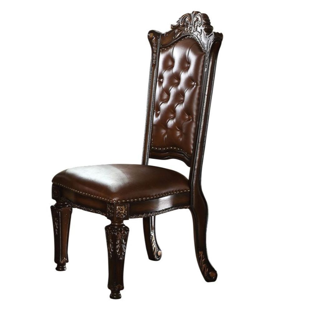 KD, Armless Chair Backrest: Button Tufted (Inside), Wood & Nailhead Trim Padded Seat: PU with Nailhead Trim Wooden Seat Apron with Molding Trim Wooden Tapered Leg: Floral Motif<br/><br/><b>Product Features</b><ul><li>Armless Chair</li><li>Padded Seat Cush
