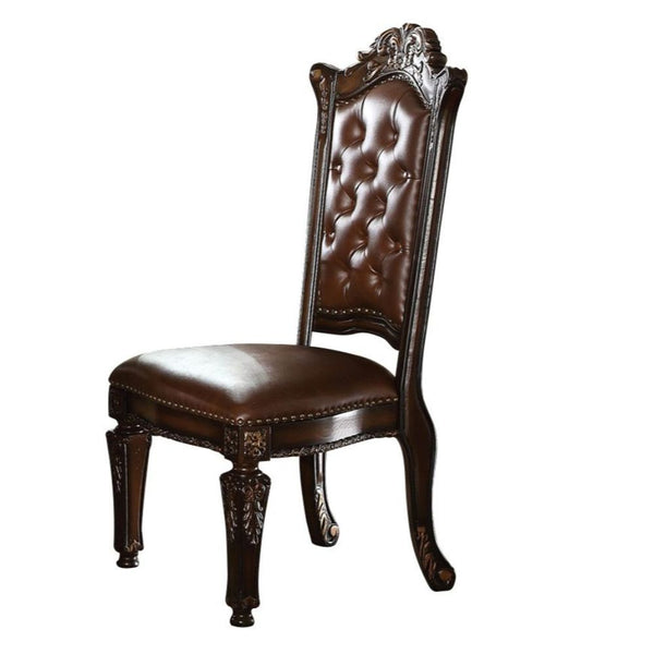 KD, Armless Chair Backrest: Button Tufted (Inside), Wood & Nailhead Trim Padded Seat: PU with Nailhead Trim Wooden Seat Apron with Molding Trim Wooden Tapered Leg: Floral Motif<br/><br/><b>Product Features</b><ul><li>Armless Chair</li><li>Padded Seat Cush