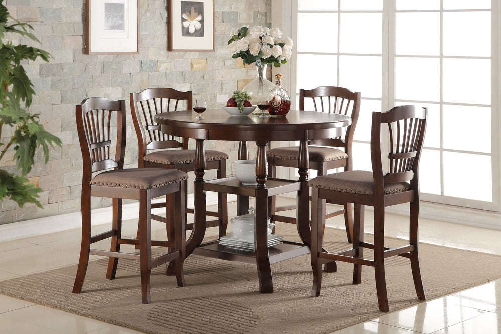 The Bixby 5 Piece Wood Counter Height Dining Room Set offers a perfect blend of modern elegance and practical design, making it a versatile addition to any dining space. Crafted from solid Rubberwood, manufactured woods, and real wood veneers, this set is