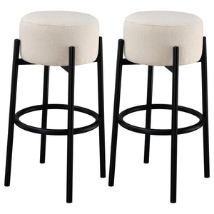 Casual with sleek lines, slide this pair of contemporary stools up to a bar or kitchen breakfast area. Designed with a thick pouf-like cushion wrapped in a white upholstery, this stool lends an elegant playful charm to any space. The pouf-inspired seat re