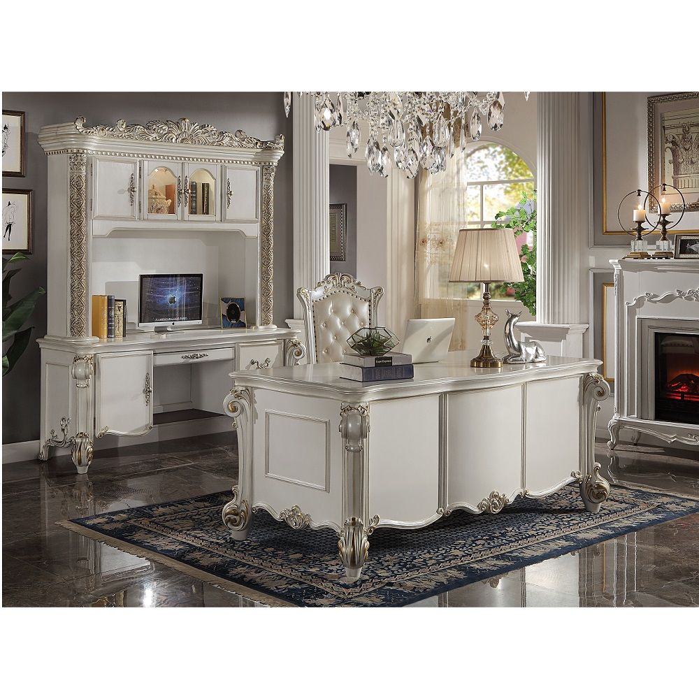 Assembled, Computer Hutch & Desk Hutch: 4 Doors Desk: 1 Door, 3 Drw Wooden Scrolled Leg Floral Moldings with Gold Hand-Brush Accent Finish