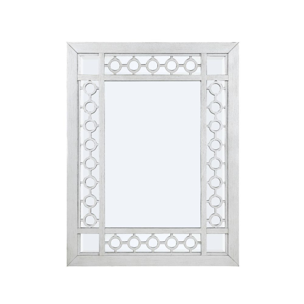 Mirror w/Beveled Edge () Wooden Frame, Raised Geometric Trim, Beveled-Mirror Inlay Shape: Rectangular Orientation:<br/><br/><b>Product Features</b><ul><li>Case: 1Pc/1Ctn</li><li>Finish: Mirrored & Antique Platinum</li><li>Style: Glam</li><li>Materials: Mi