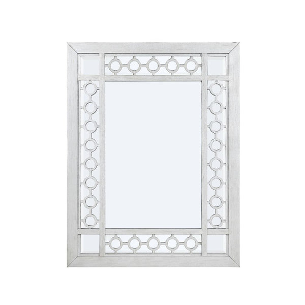 Mirror w/Beveled Edge () Wooden Frame, Raised Geometric Trim, Beveled-Mirror Inlay Shape: Rectangular Orientation:<br/><br/><b>Product Features</b><ul><li>Case: 1Pc/1Ctn</li><li>Finish: Mirrored & Antique Platinum</li><li>Style: Glam</li><li>Materials: Mi