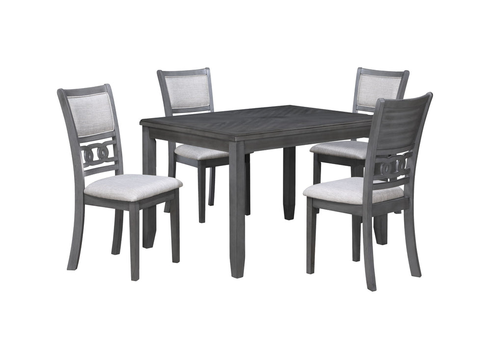 Upgrade your dining area with the New Classic Furniture Gia 5-Piece Wood Rectangle Dining Set, a perfect combination of durability and timeless beauty. Crafted from solid Rubberwood and Mindi veneers, this set is built to last. The contemporary finish, ri
