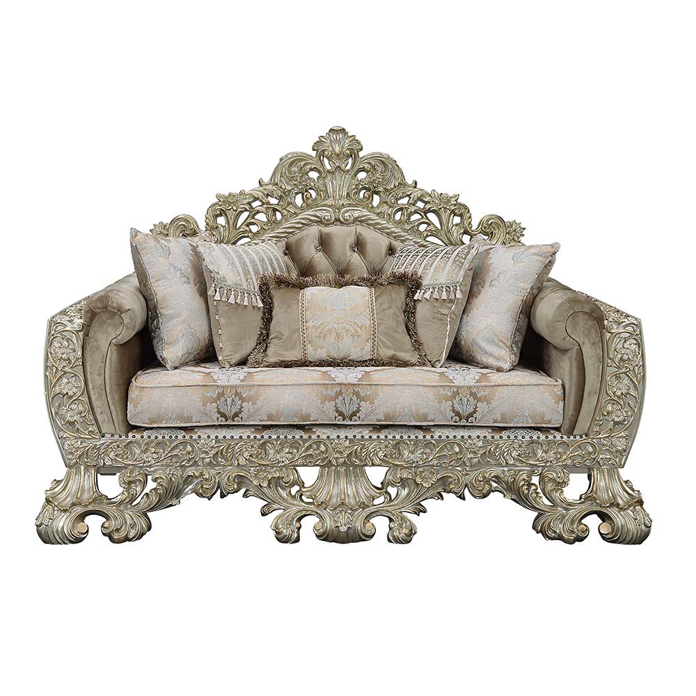 Leave your guests speechless when they enter your living room with the Sorina sofa. The stunning gold outer frame is flawlessly paired with the crystal-like button tufting to create a rich look. The damask upholstered seat cushion perfectly complements th