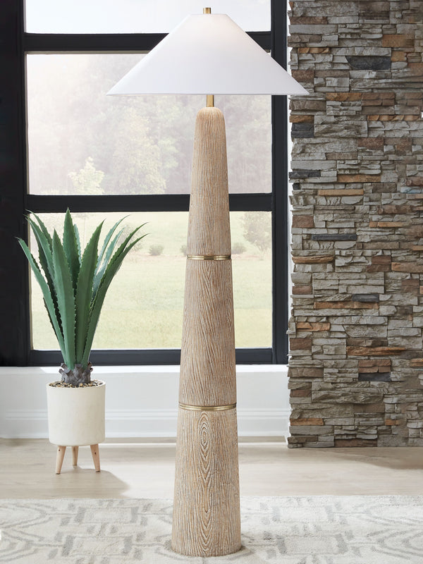  this striking floor lamp is illuminating in more ways than one. Its mix of faux wood with metal accents is fresh and modern