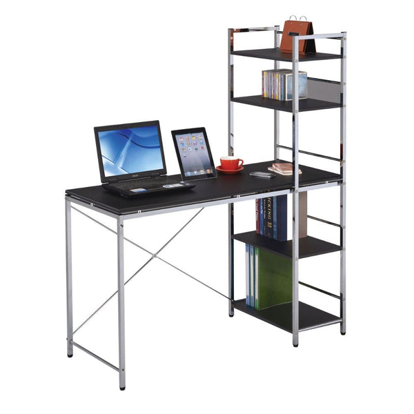 Elvis Chrome plated computer desk is a contemporary addition to your workspace. This desk has a black finish with chrome base, and with its built in book case for storing your books, CDs, and other necessities, this desk is sure to upgrade any room. One s