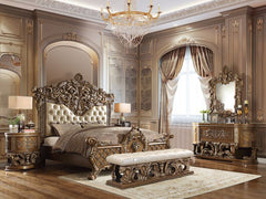 The grand Baroque style of the Constantine collection is sure to impress. With a beautiful bronze finish to emphasize the scrollwork and regal aspects of the collection. The bed features intricately carved embellishments and an oversized PU padded headboa
