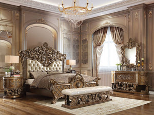 The grand Baroque style of the Constantine collection is sure to impress. With a beautiful bronze finish to emphasize the scrollwork and regal aspects of the collection. The bed features intricately carved embellishments and an oversized PU padded headboa
