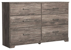 With its clean-lined look and modern attitude, this dresser is a fresh style awakening. A warm gray hue over replicated oak grain easily complements other furniture finishes. Smooth drawer fronts with antiqued pewter-tone handles complete the aesthetic.<b