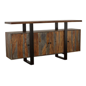 Cozy and rustic, this grey sheesham server is full of charm. Perfect for a contemporary space, the elongated lines on the front feature a sleek black finish. Variations in hue and in wood grain offer a stunning visual that looks great on its own or when t