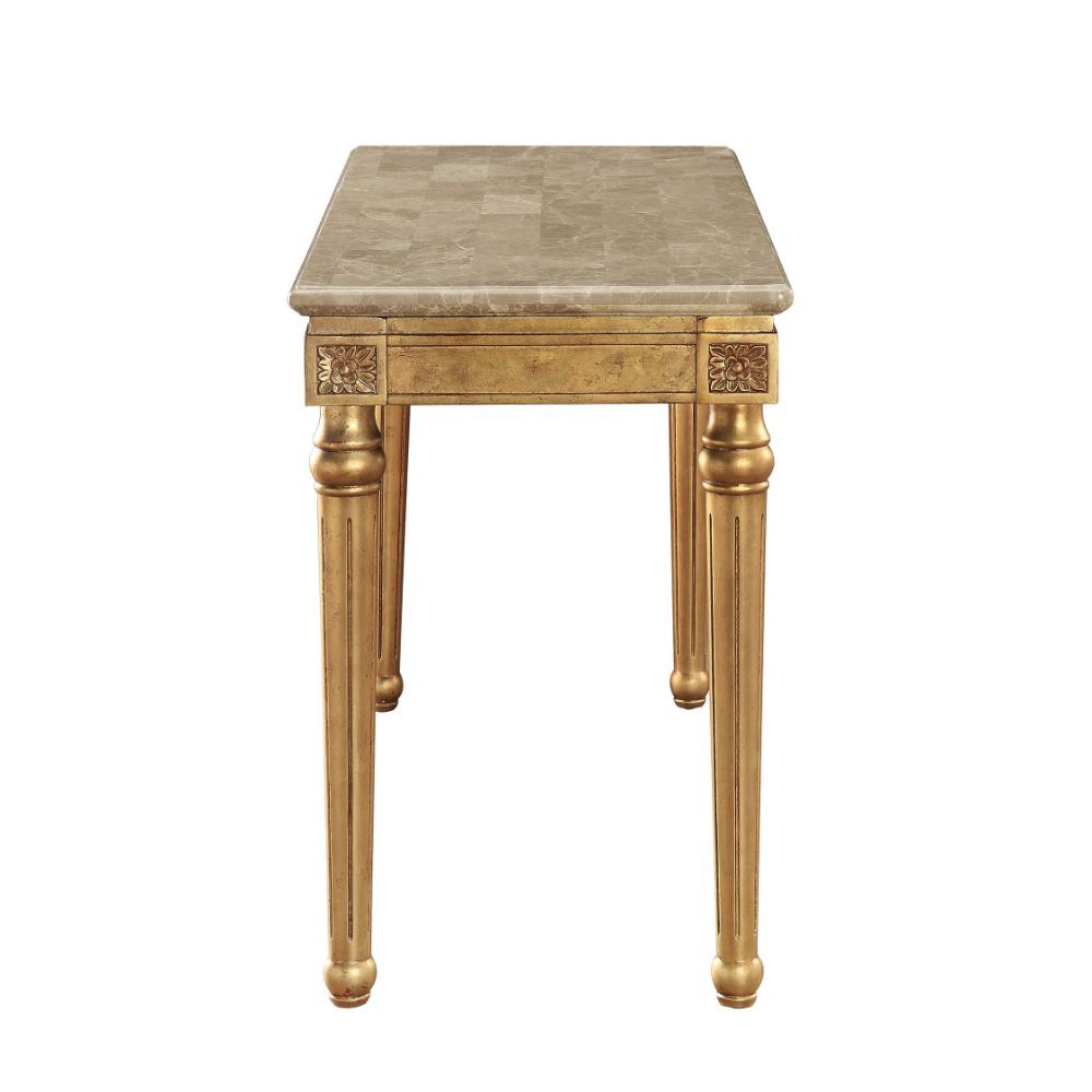 KD, Rectangular Leg Sofa Table â€¢ No Storage (Open Base) â€¢ Marble Top: Spain Import Marble with MDF â€¢ Wooden Apron with Corner Carved Floral Motifs: Antique Gold Finish, Poplar Wood â€¢ Wooden Turned Legs with Fluted Details: Antique Gold Finish, Pop