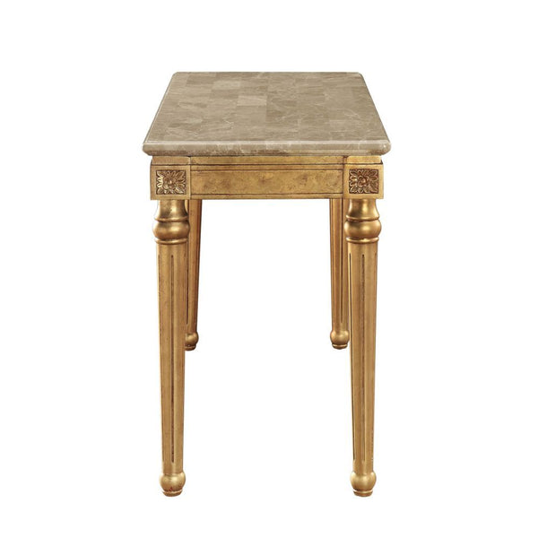  Rectangular Leg Sofa Table â€¢ No Storage (Open Base) â€¢ Marble Top: Spain Import Marble with MDF â€¢ Wooden Apron with Corner Carved Floral Motifs: Antique Gold Finish