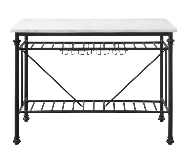 Give off a light and airy feel to a compact cooking space. The Mera Kitchen Island features a artificial stone top paired with a metal slatted shelves, creating a sleek, timeless silhouette that bring your kitchen an open feel. Bottle rack and wine glass 