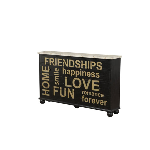 The Arwin console table is the perfect addition to any living room, hallway, bedroom, or even den needing that extra bit of storage. This antique black/ white wash table features 11 drawers creating a different look to this piece. The levels of storage pr