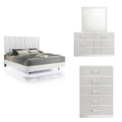 The Europa 4 Piece Bedroom Set in white offers a sophisticated and modern design for your bedroom. This set includes a panel bed along with a dresser, mirror, and chest. The sleek look is achieved with a majestic headboard, glossy white finish, acrylic dr