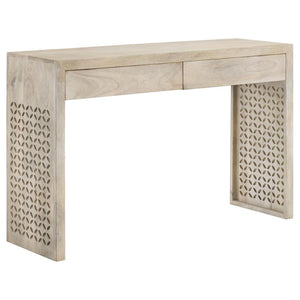 Built from solid mango wood for an eco-friendly touch to your home, this contemporary console table makes a striking statement piece in a space. Designed with a lightly hued, whitewash finish, this console table lends itself nicely to a variety of color p