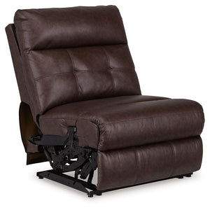 This power armless recliner is made with faux leather upholstery. Pairs with other items in the series to make a sectional.<br><br><b>Additional Dimensions</b><br><ul><li>Seat depth: 23-"</li><li>Seat height: 20-"</li><li>Fully reclined length: 69-"</li><