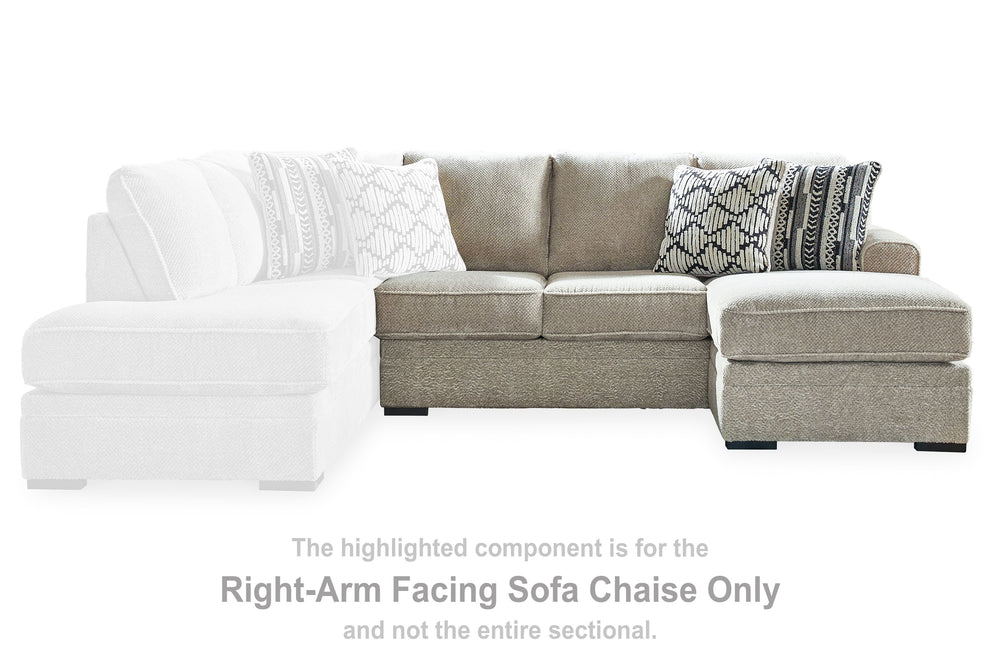 This right-arm facing sofa chaise is made with polyester upholstery. Pairs with other items in the series to make a sectional.<br><br><b>Additional Dimensions</b><br><ul><li>Arm height: 28-"</li><li>Seat depth: 46-"</li><li>Seat height: 23-"</li><li>Top o