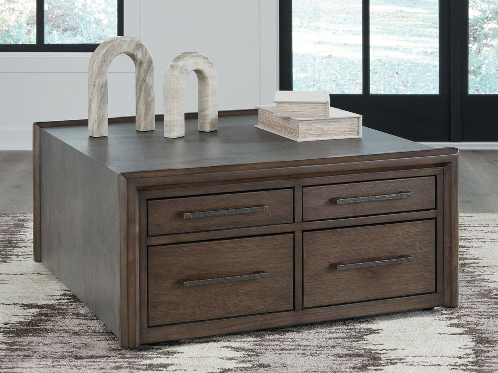 Master the art of mixed-material design with this coffee table. It sports an urban vibe, with faux cement lending an industrial edge to the contrasting dark brown finish. For a functional touch, spacious drawers store essentials for living room lounging i