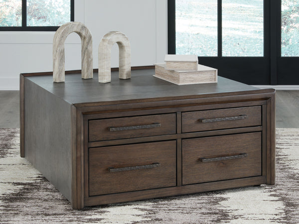  with faux cement lending an industrial edge to the contrasting dark brown finish. For a functional touch