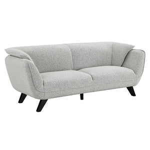  draped in light gray fabric. Accompanied by plush seatting