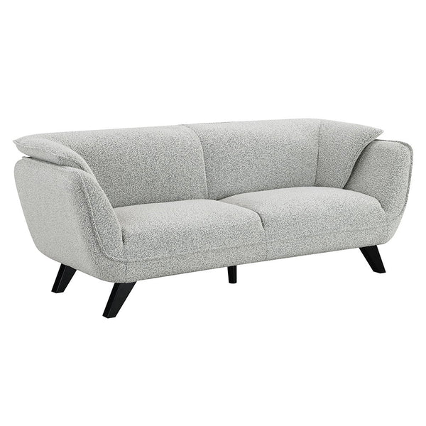  draped in light gray fabric. Accompanied by plush seatting