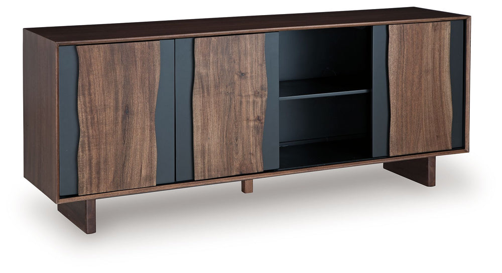 This accent cabinet recalls the rugged textures of nature and brings them indoors. Live edge door fronts pop against the neutral finish for a refined-meets-salvaged feel. Whether it-'s used as a chic storage piece or an eclectic TV stand, this cabinet rad