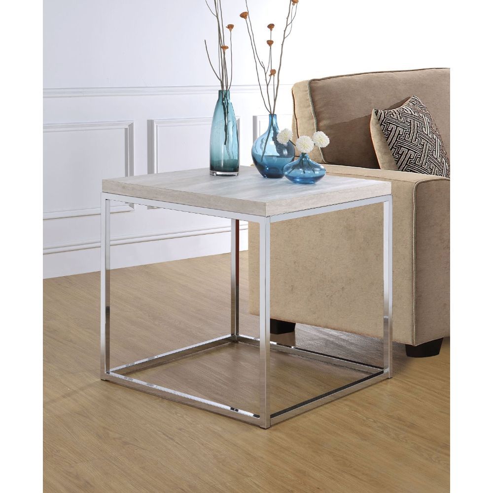 KD, Square Sled End Table â€¢ NO Storage (Open Base) â€¢â€¢ CONSTRUCTION â€¢â€¢ Wood Top: PB (Fixed Top/No Apron) â€¢ Metal Sled Base: Chrome Finish, Metal Tube w/Plating (20/20mm)<br/><br/><b>Product Features</b><ul><li>Occasional Table</li><li>Sofa Tabl