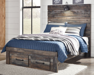 When merged in just the right way, rustic and industrial styles can make one happy marriage. Case in point: this full panel bed with storage. A refined take on barn board beauty, its complex, replicated wood grain showcases hints of burnt orange and teal 