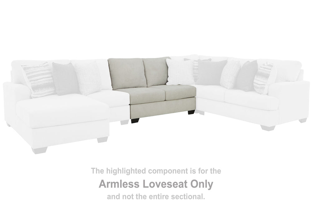 This armless loveseat is made with polyester upholstery. Pairs with other items in the series to make a sectional.<br><br><b>Additional Dimensions</b><br><ul><li>Seat depth: 21-"</li><li>Seat height: 21-"</li><li>Top of cushion to top of back: 19-"</li><l