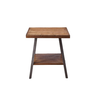 Entertain in style with the Ikram End Table. This classic rectangular occasional table features a weathered oak tabletop with a sandy black metal base. This distinctive metal and wood cocktail table feature a unique â€˜X-' shaped legs with an open lower w