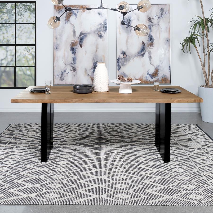 Revitalize your dining room with the exquisite beauty of this contemporary dining table. The solid acacia live edge table top boasts unique markings and stunning wood grain, adding a touch of natural charm. Contrasting with the sleek double pedestal black